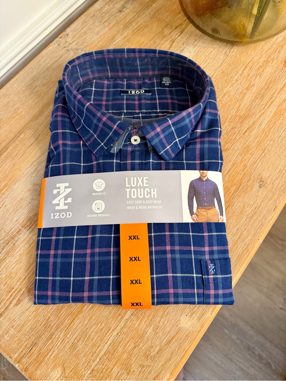 Izod Luxe Touch Navy and Pink Plaid Button-Down Shirt
